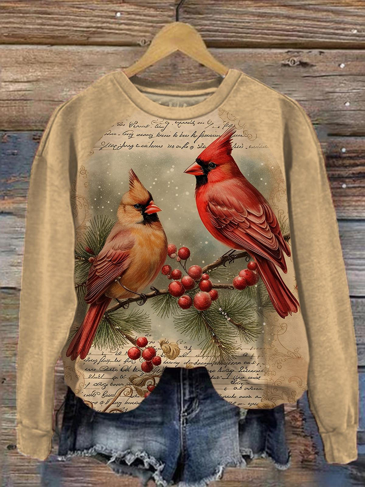 Vintage Cardinal Bird Print Long Sleeve Top