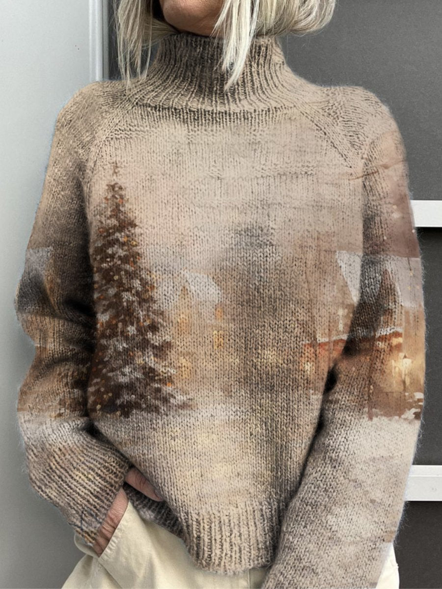 Winter Christmas Print Knitted Turtleneck Pullover Sweater