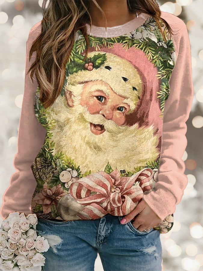 Vintage Pink Santa Print Long Sleeve Sweatshirt