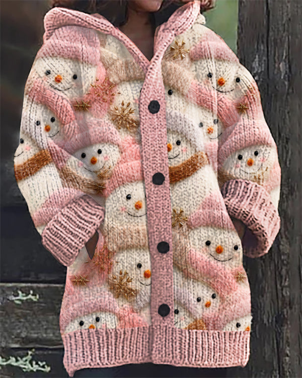 Christmas Snowman Embroidery Print Casual Hooded Cardigan