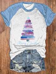 Merry Christmas Tree Printed Raglan S   leeve T-shirt