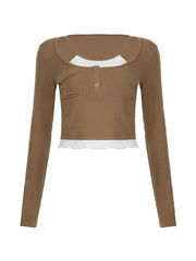 Vintage Contrast Fake Two Piece Cropped Long Sleeve Tee