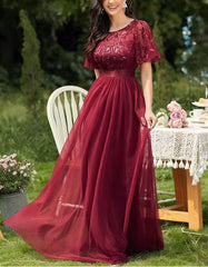 Solid-color High Waist Round Neck Party Mesh Long Evening A-Line Dresses