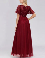 Solid-color High Waist Round Neck Party Mesh Long Evening A-Line Dresses