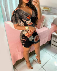 Floral Print Plunge Bodycon Dress