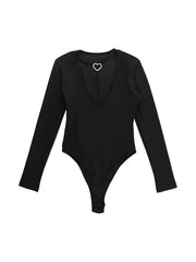 Solid Plunge Heart Buckle Decor Long Sleeve Bodysuit