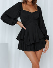 Solid-color Square Neck Long Lantern Sleeve Ruffle Short A-Line Dresses
