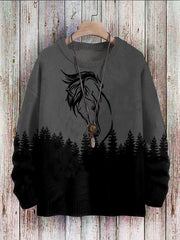 Western Horse and Forest Print Crew Neck Pit Strip Knitted Sweatshirt