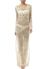 Apricot Lace Up Crochet Sheer Slit Long Beach Cover Up Dress
