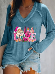 Love Pink Santa Print Long Sleeve V-Neck T-Shirt
