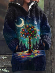 Retro Palm Tree Chrismas Comfort Knitted Hooded Cardigan