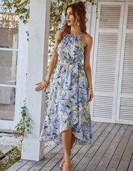 Floral Print Halter Backless Belted Asymmetrical A Line Dresses