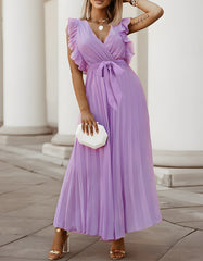 Solid-color V Neck Belted Chiffon Long Pleated Dresses