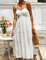 Solid-color Strap Ruffle Backless Long A-Line Dresses