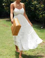 Solid-color Strap Ruffle Backless Long A-Line Dresses