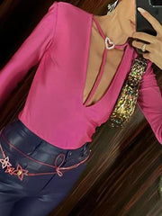 Solid Plunge Heart Buckle Decor Long Sleeve Bodysuit