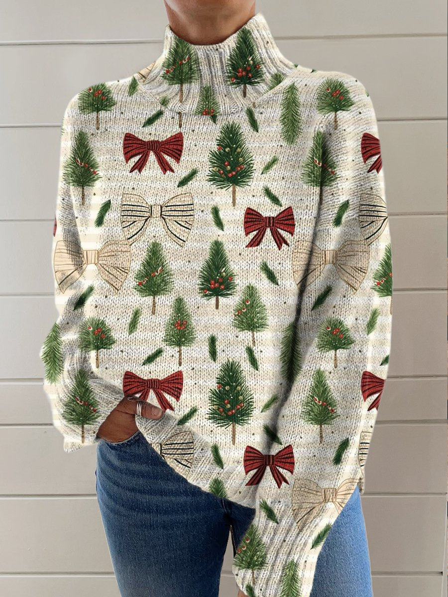 Vintage Horizontal Striped Christmas Tree Bow Print Knit Turtleneck Pullover Sweater