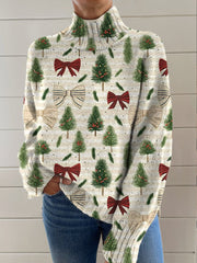 Vintage Horizontal Striped Christmas Tree Bow Print Knit Turtleneck Pullover Sweater