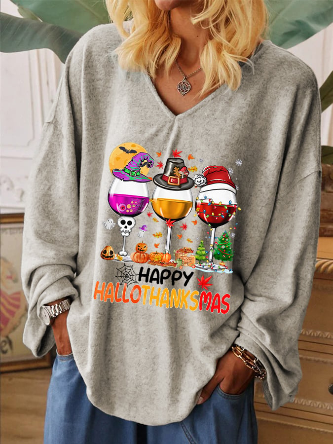 Happy Hallothanksmas Wine Print V-Neck Long Sleeve T-Shirt