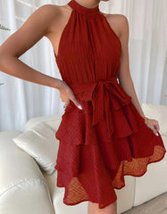 Solid-color Belted Stitching Sleeveless Ruffle Hem Short A-Line Dresses