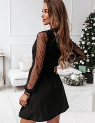 Plain V Neck Long Sleeve Belted Lace Short A Line Dresses