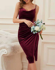 Solid-color Slits Ruched Velvet Sling Bodycon Dresses