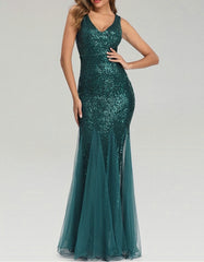 Solid-color V Neck Sleeveless Sequin Stitching Mesh Mermaid Evening Dresses