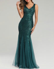 Solid-color V Neck Sleeveless Sequin Stitching Mesh Mermaid Evening Dresses