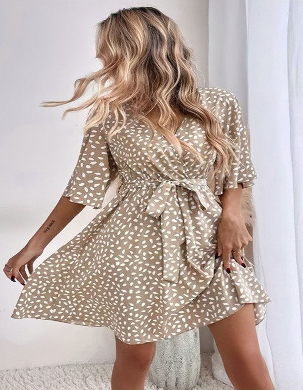 Dot Print V Neck Belted Short Sleeve Short A-Line Dresses
