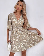 Dot Print V Neck Belted Short Sleeve Short A-Line Dresses
