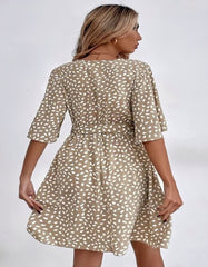 Dot Print V Neck Belted Short Sleeve Short A-Line Dresses
