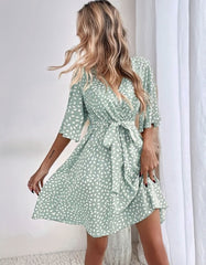 Dot Print V Neck Belted Short Sleeve Short A-Line Dresses