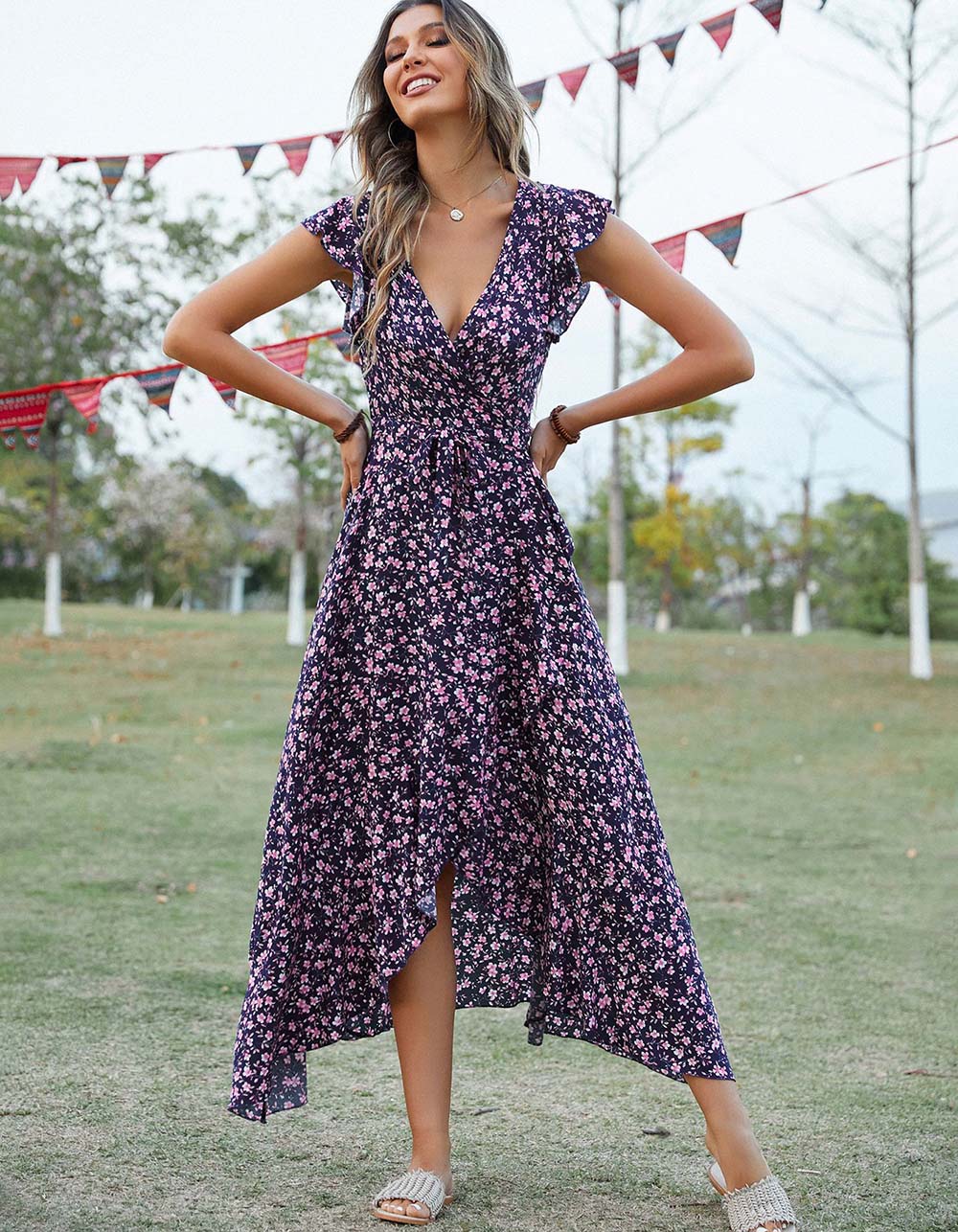 Disty Floral Bohemian V-Neck Asymmetrical Long A-Line Dresses