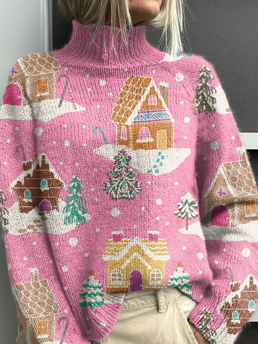 Pink Christmas Christmas Tree Pattern Art Print Knit Turtleneck Pullover Sweater