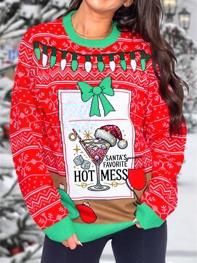 Vintage Christmas Print Crewneck Knit Sweater