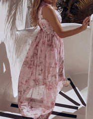 Floral Printed V Neck Sleeveless Resort Beach Split Chiffon Long Dress