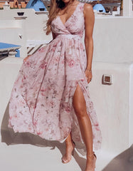 Floral Printed V Neck Sleeveless Resort Beach Split Chiffon Long Dress