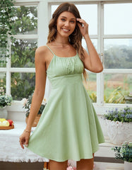 Solid-color Strap Backless Midriff Pleated Short A-Line Dresses