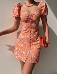 Disty Floral Print Slits V-Neck Short A Line Dresses