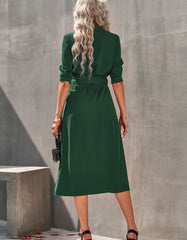 Solid-color Collar Button Belted Slits Long Dresses