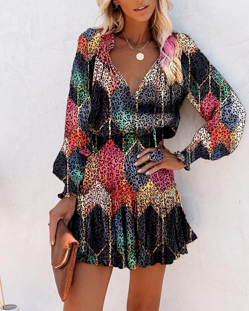 Multicolor Leopard Long Sleeve Skinny Waist Dress