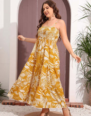 Leaf Print Strap Backless Sleeveless Long A-Line Dresses