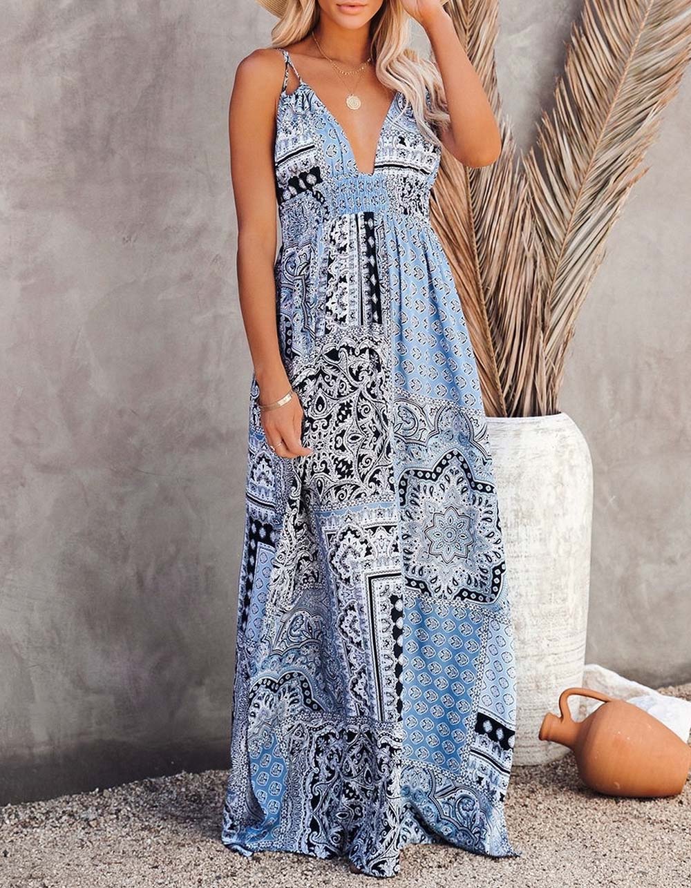 Vintage Style Printed Strap Backless Midi Bohemian Slits Long A-Line Dresses