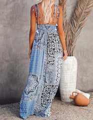 Vintage Style Printed Strap Backless Midi Bohemian Slits Long A-Line Dresses