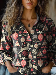 Christmas Party Elements Print Casual Long Sleeve Comfortable Cotton Shirt