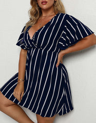 V Neck Plus Size Striped Loose Short Sleeve A-Line Dresses
