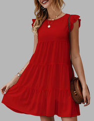 Plain Round Neck Puff Sleeve Pleated Backless A Line Dresses