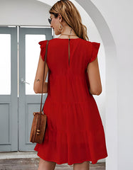 Plain Round Neck Puff Sleeve Pleated Backless A Line Dresses