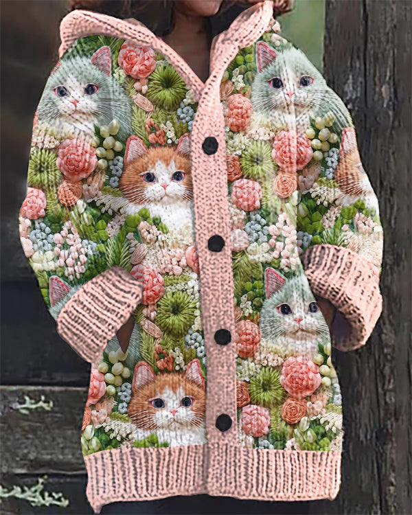Christmas Cat Floral Print Casual Hooded Cardigan