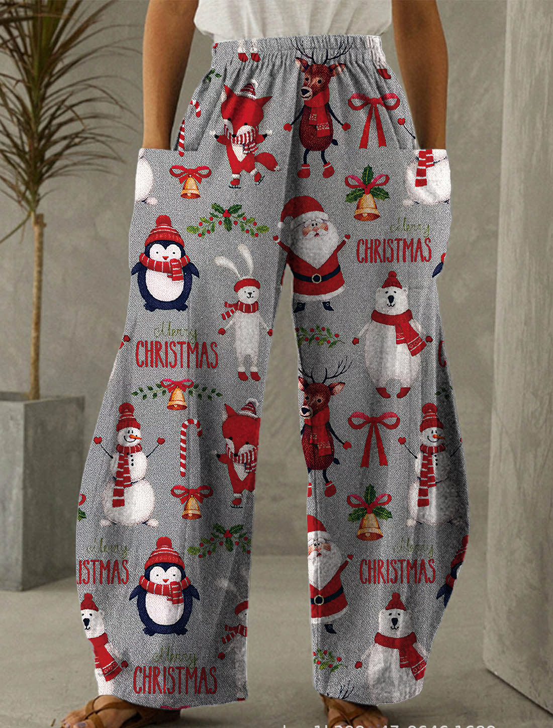 Christmas Grey Print Casual Pants